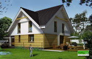Elementy oblicwki drewnianej zastosowano w gotowym projekcie domu DOM PRZYJAZNY autorstwa Pracowni Projektowej NNDOM. Drewno nadaje projektowi domu nowoczesnego i indywidualnego charakteru.